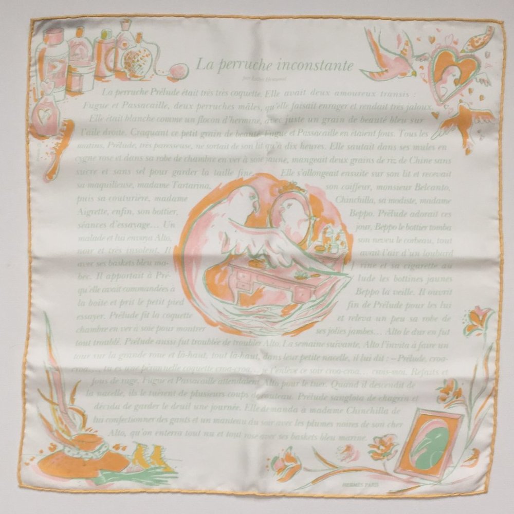 Hermes La Perruche Inconstante silk pocket square  42 cm